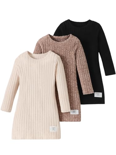 Girls Dresses Toddler Girls Dress 3-Pack Solid Color Ribbed Simple Elegant Casual Long Sleeve Dress Set Size 2-8 Years