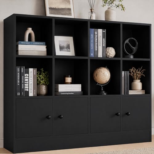 Cozy Castle Black Wood Bookcase, 12 Cube Display Shelf with 4 Doors, 3 Tier Open Bookshelf with...