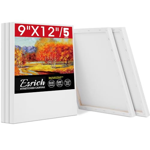 ESRICH Stretched Canvas for Painting 5 Pack 9x12 Inch Canvas Value Pack Primed Acid-Free Cotton Blank Canvases Painting Canvas for Oil & Acrylic Paint.