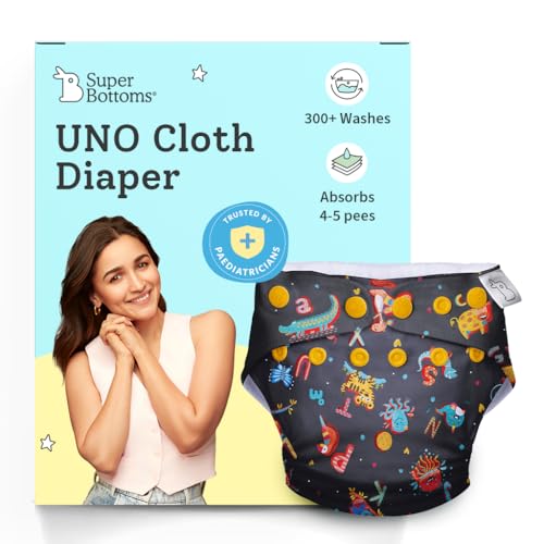 Image of superbottoms UNO Freesize Premium Cloth Diaper for babies (3m-3y) + Organic Cotton Pad | Washable & Reusable 300+ Times | Superior Absorption | Waterproof | Super Soft & Gentle - Alphabets, 1 count