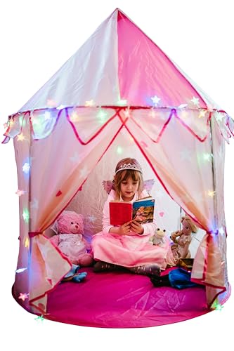 Tente de Jeu Château de Princesse pour Enfants avec étoiles Lumineuses Multicolores et Grenouille Arc-en-Ciel en Peluche. 135 cm de Haut x 105 cm de Large.