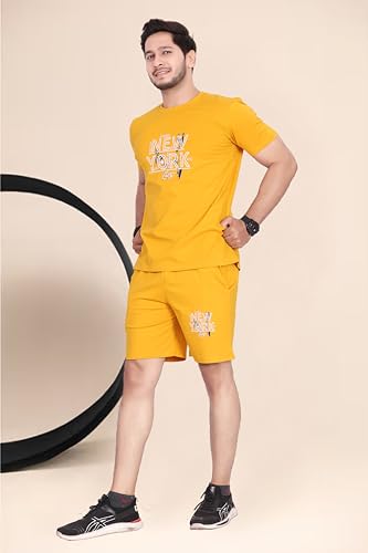 Image of HOODMASTER Men's Cotton Night Suit Set of Top & Knee Length Shorts with Round Neck Half Sleeves Solid Pattern Regular Fit and Standard Length | Mens Cotton Night Suit | T-Shirt and Shorts Sets