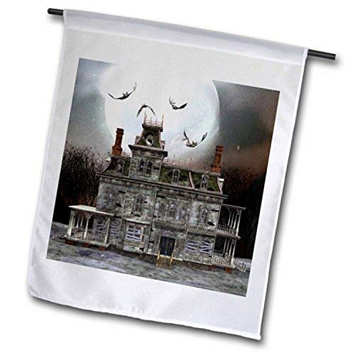 3dRose fl_181758_2 "A Creepy Haunted Halloween House with Full Moon and Bats Garden FlagA18 x 27