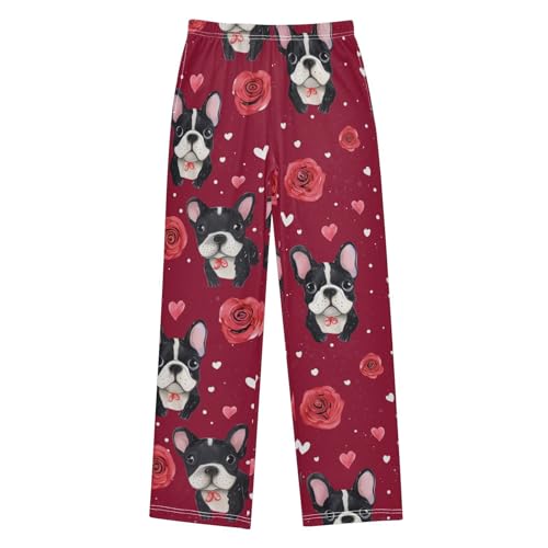 French Bulldog Rose Floral Boys Long Pants Soft Trousers Elastic Waist Kids Lounge Bottoms with Pockets S-XL