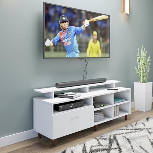 Image of VIKI Modern TV Unit for Living Room | Engineered Wood TV Cabinet with 1 Drawer Storage, 2 Open Shelves & Extension, Entertainment Unit, 140W x 48H x 40D cm | DIY | 1 Year Warranty (White)