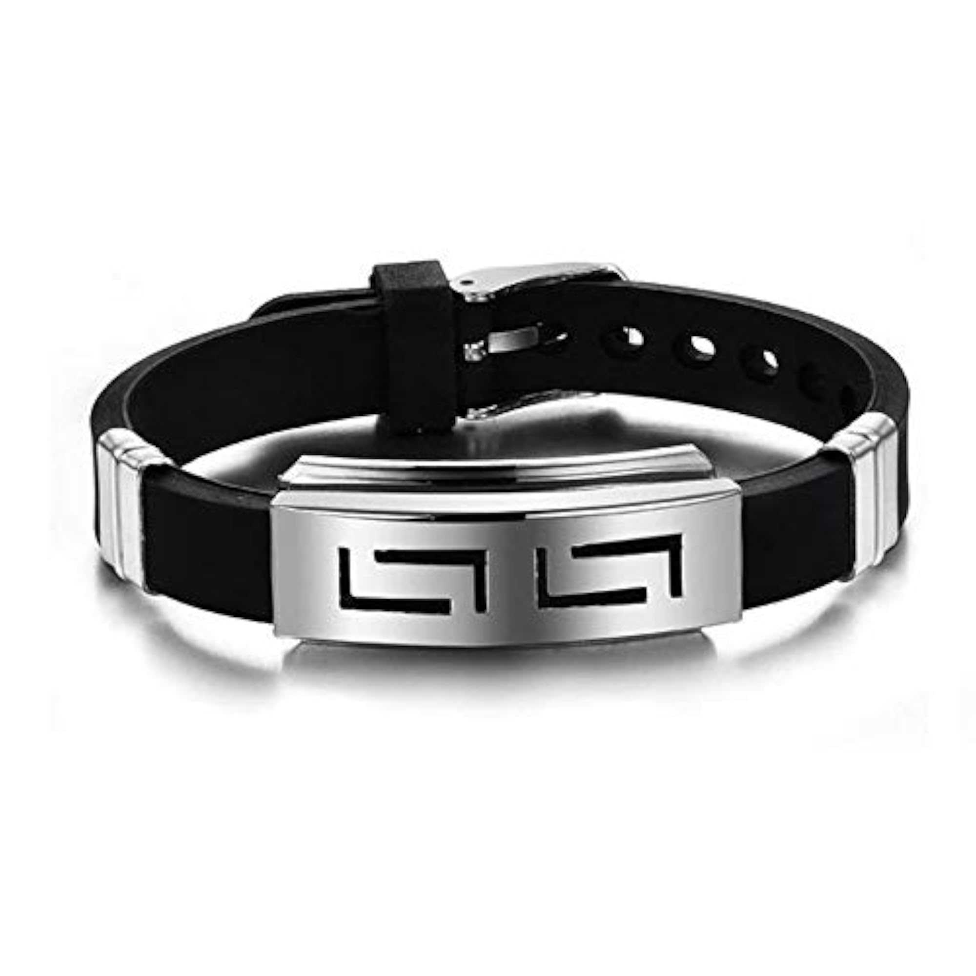 Men's Black Silicon Rubber Stainless Steel Hook Eye Clasp Bracelet