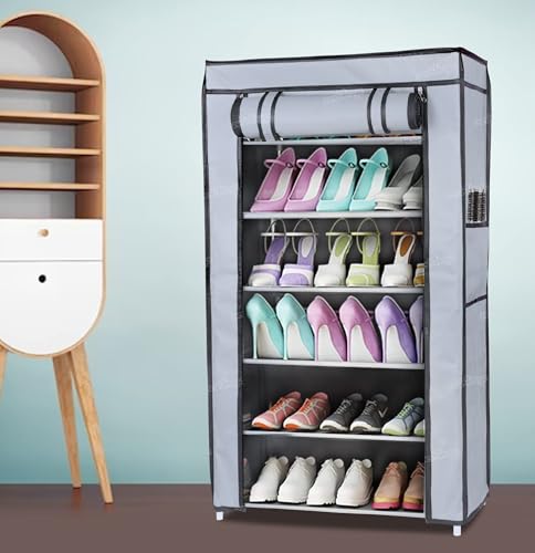 Image of Zest 4 Toyz 6 Shelf Shoe Rack for Home with Zip Door Cover & Side Pockets Shoe Stand Multipurpose Storage Rack for Footwear Toys Clothes with Dustproof Cover (Grey)