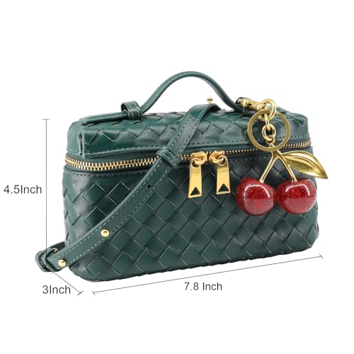 Image of Small Woven Box Crossbody Bags for Women Designer Leather Mini Top Handle Clutch Purse Square Vanity Bag with Cherry Charm