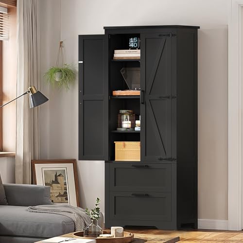 Image of TEENFON 66.1 inch H Storage Cabinet, Farmhouse Kitchen Pantry Cabinet with 2 Drawers & Adjustable Shelf, Bathroom Cabinet, for Living Room, Kitchen, Bathroom, Black