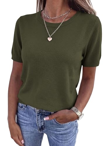 BTFBM Women's Short Sleeve Sweaters 2026 Summer Crew Neck Knit Work Shirts Business Casual Tops Basic Fall Fashion Clothing(Army Green, Large) — view 6