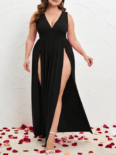 Image of SILUI Women's Summer 2026 Sexy Double High Slit Deep V Neck Plus Size Sundresses Thigh Split Maxi Club Party Dresses