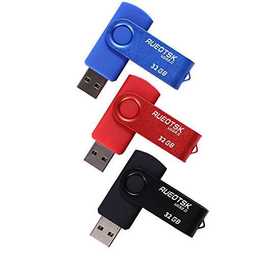 Unidad flash USB RUEOTSK, paquete de 3 unidades de memoria flash USB 2.0 giratorias de 32 GB (azul rojo negro)