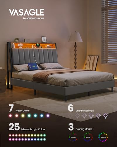 VASAGLE LED Bed Frame Full Size, Storage Headboard and Charging Station, Full Bed Frame with 2 AC Outlets, 1 USB Port, 1 Type-C Port, No Box Spring Needed, Dove Gray and Camel Brown URMB842G01