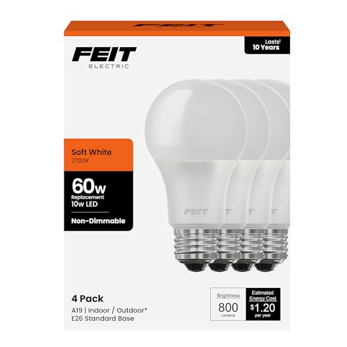 Feit Electric A19 LED Light Bulbs, 60W Equivalent, Non-Dimmable, 800 Lumens, E26 Standard Base, 2700k Soft White, 80 CRI, 10 Year Lifetime, Energy Efficient, 4 Pack, A800/827/10KLED/4