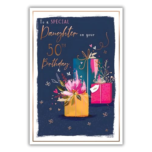 Daughter 50th Birthday Card - Age 50 - Butterflies and Love Hearts - Floral Design - Special Finishes and Illustrated Insert Leaf - Made in the UK - Eco-Friendly
