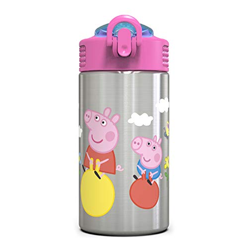 peppa pig merchandise - Zak Designs Peppa Pig 15.5oz Stainless Steel Kids Water Bottle with Flip-up Straw Spout - BPA Free Durable Design, Peppa Pig SS, Single Wall