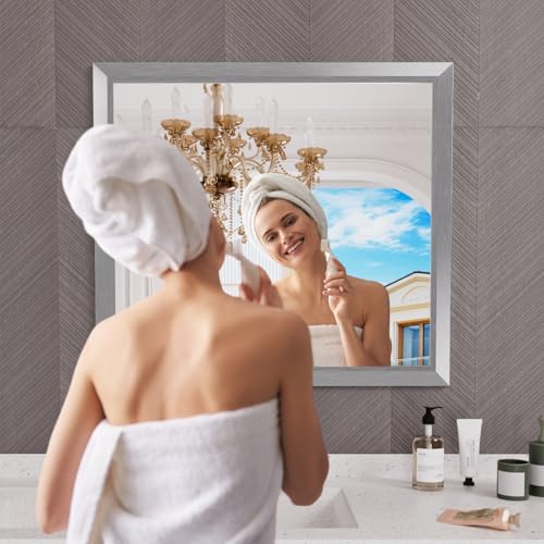 Amorho 40x36 Inch Bathroom Mirror Silver, Thick Metal Framed Wall Mirrors for Over Sink, Brushed Nickel Mirror Perfect for Bedroom, Living Room, Entryway, Rectangle (Horizontal/Vertical).