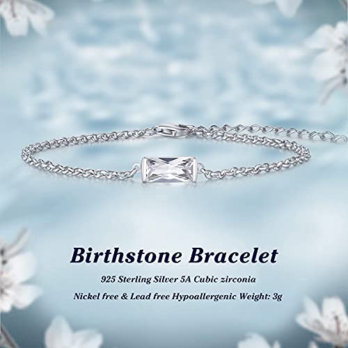 Cacestone Sterling Silver Gemstone 3 Carat 5X10Mm Created Simulated Diamond Cubic Zirconia Birthstone Baguette Bar Link Bracelet Tiny Simple Jewelry Daily Wear Birthday Gift For Women Wife Her #TOP2