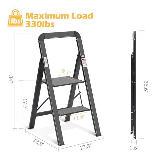 KINGRACK Aluminium 2 Step Ladder, Lightweight Step Stool with Non-Slip Pedals, Handrail, 330LBS Foldable Step Ladder for Kitchen, Garage, Home, Space Saving, Sturdy and Portable, Black by KINGRACK - Used condition - Image 7