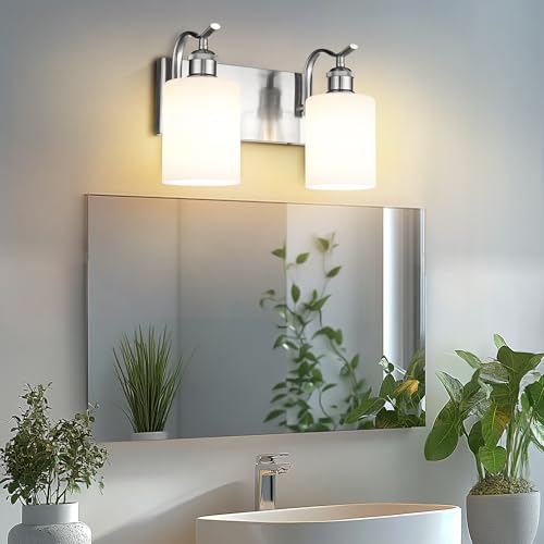Image of Milk Glass Bathroom Light, 2-Light Vanity Light Fixture, Brushed Nickel Wall Sconce, VL01BNW-2