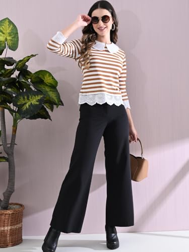 Image of Women's Striped Top with Peter Pan Collar | Elegant 3 /4 Sleeve Lace Trim Shirt | Stylish Casual & Office Wear | Black & White Striped Blouse for Women