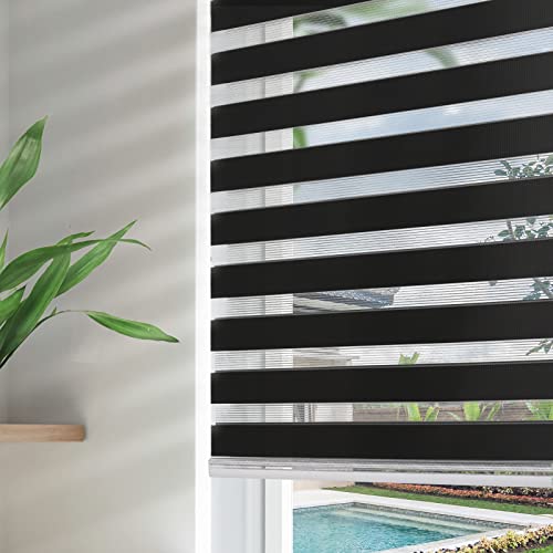 Joydeco Cordless Zebra Blinds for Windows, Dual Layer Free-Stop Zebra Shades Privacy Light Control for Day and Night, Light Filtering Sheer Blinds for Indoor Windows, Home (Black, 52" x 75" H)