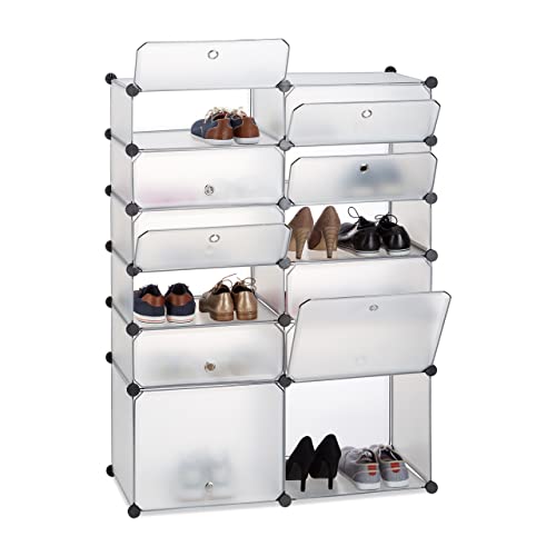 Relaxdays, transparent Schuhregal Kunststoff, Regalsystem 12 Fächer, XXL Steckregal, mit Türen, HxBxT: 125 x 94 x 37 cm, System, 10024523_50, Schuhregal-System mit 12 Fächer