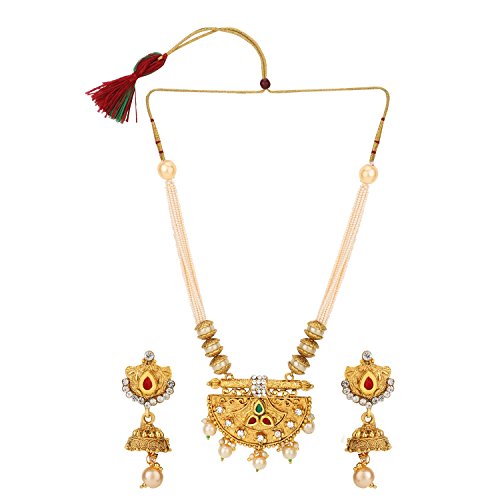 Efulgenz Indian Bollywood Traditional Rhinestone Faux Ruby Emerald Pearl Beaded Collar Strand Antique Tone Necklace Jewelry Festive Costume Accessories for Women and Girls