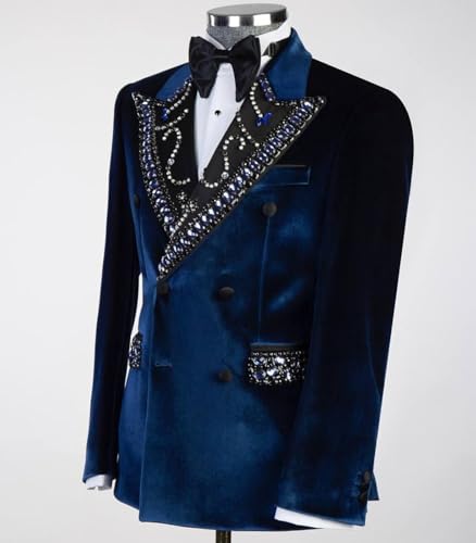 Luxury Men's Velvet Tuxedo Royal Blazer with Rhinestones Slim Formal Double Breasted Jackets for Wedding,Party,Prom3