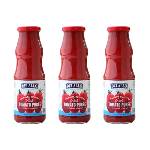 DeLallo Tomato Passata, Rich Rustic Puree, Made in Italy, All Natural, Gluten Free, Kosher, Made with Italian Plum Tomatoes, Tomato Sauce for Pasta, Soups, and Stews, 24 oz. Jar, (3 Pack)