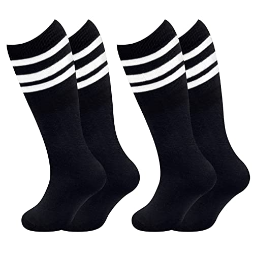 Image of Sarfel Kids Soccer Socks Toddler Soccer Socks Girls Boys Soccer Socks Kids Tube Socks with Stripes Toddler Knee High Socks, 2 Pack Black /White, Black /White, 6-9 Years