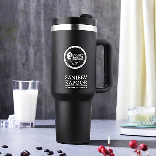Image of Sanjeev Kapoor by Classic Essentials Stanley Stainless Steel 1200ML Tumbler with Lid and Straw, Hot and Cold Double Insulated Sipper Mug, 100% Leak Proof Coffee Tumbler Cupholder for Office (Black)