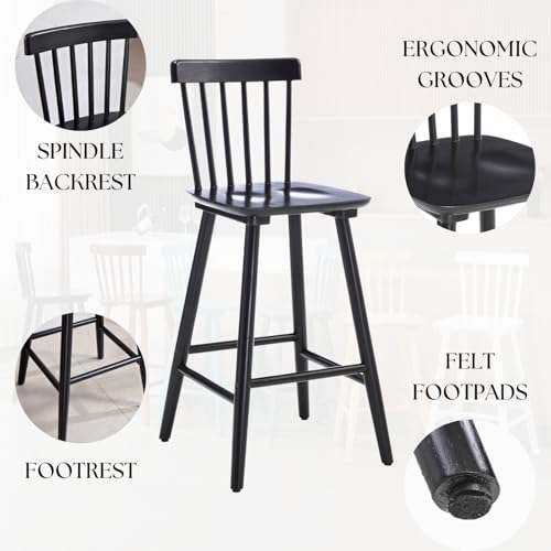 Butacos de altura para barra chairus de madera negros, estilo rústico/farmhouse, con respaldo de varillas y reposapiés, juego de 4 miniatura 3
