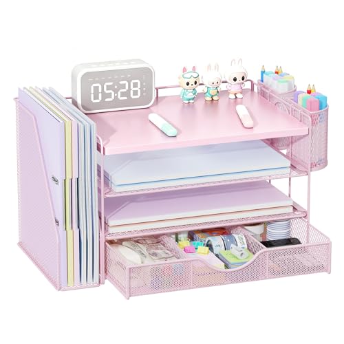 gianotter Wood Desk Organizers and Accessories with File Holder, 4-Tier Desk Accessories & Workspace Organizers with Drawer and 2 Pen Holder, Desk Reference Organizer (Pink, 4T with Metal Drawer)