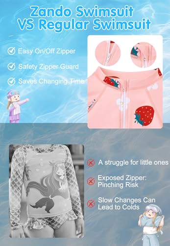 Image of Zando UPF50+ Girls Long Sleeve One Piece Swimsuit with Zipper - Rash Guard for Teens Toddler Kids 2-15 Years