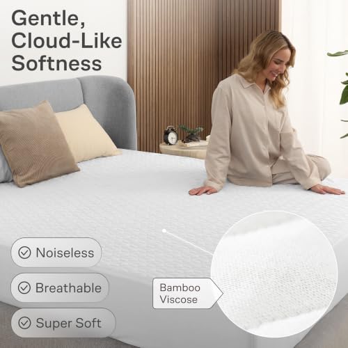 Image of 100% Waterproof Noiseless & Cooling Mattress Protector - Twin Size - White | Viscose Made from Bamboo, 360 Protection Against Spills, Stains, & Accidents, 20 inch Deep Pocket, For Parents & Pet Owners