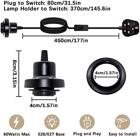 Crzpchas Plug in Pendant Light Fitting 2 Pack Metal E27 Lamp Holder with Switch Black Hanging Light with Plug Ceiling Lighting 450cm Pendant Lighting with On/Off Switch for Lampshade