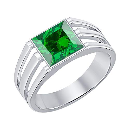 RUDRAFASHION 14K White Gold Plated Solitaire Princess Cut Emerald Men's Wedding Band Engagement Ring for Mens