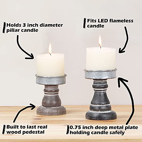Genmous&Co. Decorative Candle Holders Pedestal Rustic Wood For Pillar Candle Farmhouse Candlestick Holder Galvanized Plate For Mantel, Dining Table, Centerpiece,Coffee Bar,Set Of 2（Brown Black #TOP3