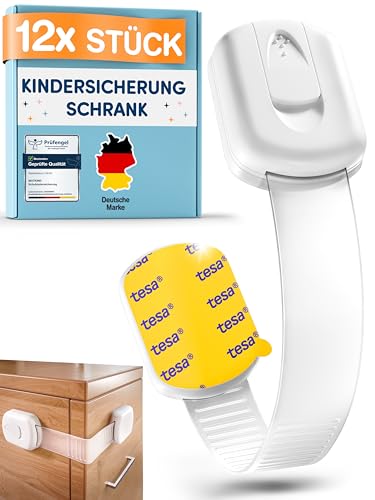 MUTKIND 12 Stück Kindersicherung Schrank - (Mit Kleber von TESA) Schranksicherung Baby - Längenverstellbar - Schubladensicherung Baby für Schränke, Kühlschrank, Tür - Kindersicherung Schubladen Weiß