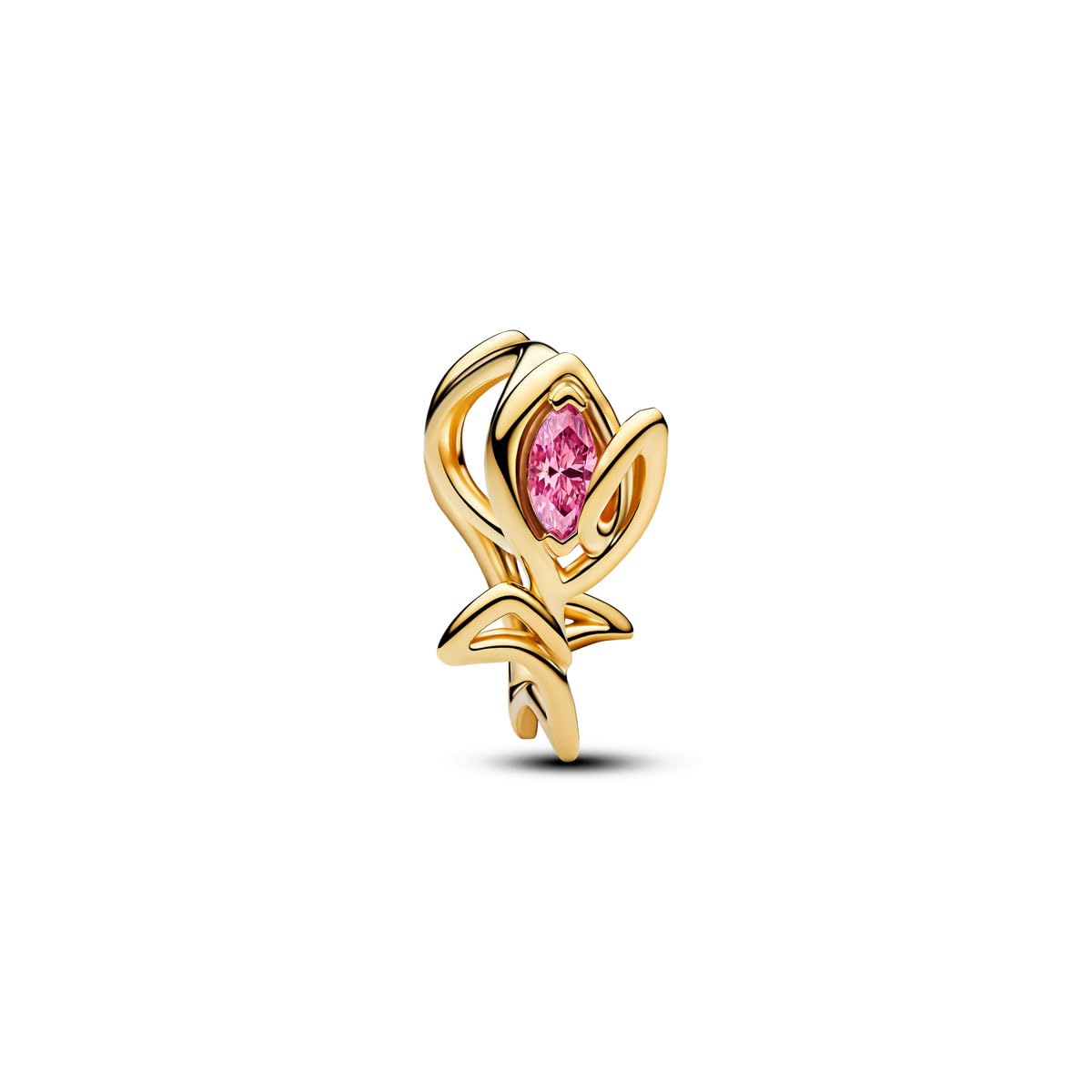 PANDORA Charm tulipan otwarty, pozłacany 14-karatowym złotem, z różową cyrkonią Cubic, filigranowa zawieszka kwiatowa, kompatybilny z Moments, 764555C01