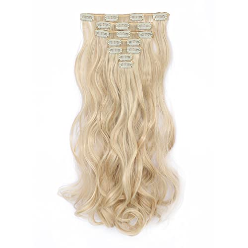 SWACC Women 20 Inches Curly Full Head 7 Separate Pieces Heat Resistance Synthetic Hair Clip in Hair Extensions (Dark Honey Blonde/Bleach Blonde Highlights-16H613)
