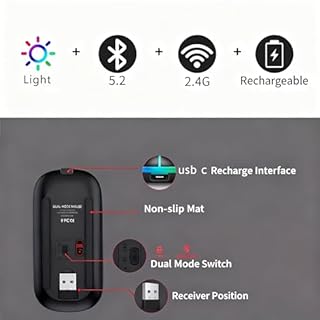 Wowssyo Mouse senza fili USB 2,4 GHz Mouse Bluetooth Mouse 1600 DPI Optical Tracking, Ricaricabile LED Dual Mode Mouse per laptop, PC, iOS, Android, iPad, Windows - Grigio