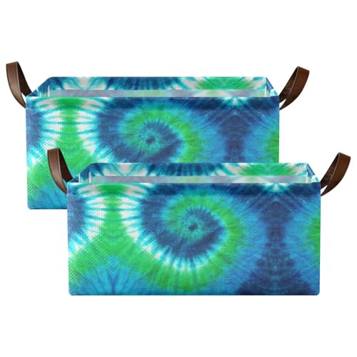 Fygkptb Green Blue White Spiral Tie Dye Abstract Hippie Pattern 2 PC Rectangle Foldable Frame Basket Leather Handles Storage Bin for Laundry Bathroom Organizer 16.9 x 11.4 x 7.7 inch