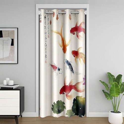 meiyoeat Goldfish Door Curtain for Doorway Privacy for Privacy 34x80 Inch 1 Panel Kids Lotus Leaf Pond Closet Door Cover Boy Girl Teen Chinese Darkening Curtain Chinese Traditional Culture