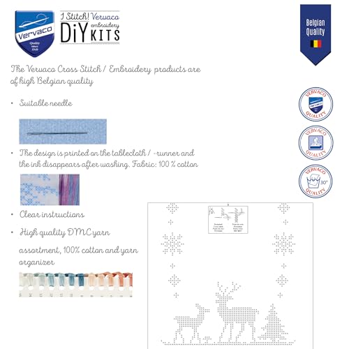 Image of Vervaco Embroidery Christmas Embroidery Kits Cross Stitch Table Runner DIY Set, Tablecloth to Embroider with Image on Cotton and Embroidery Thread, 12 x 42 Inches, Christmas Deers