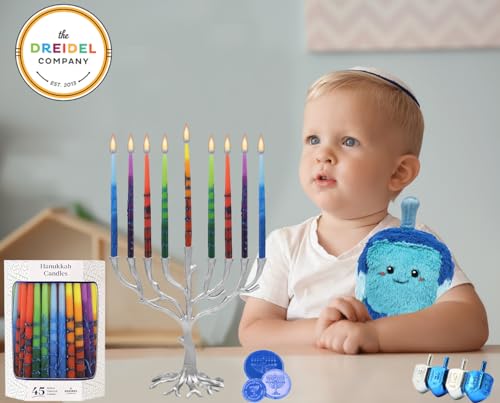 The Dreidel Company Dripless Hanukkah Candles, Multicolored Striped Deluxe Tapered Decorations, 1-Hour Burn Time 45 Menorah Candles for All 8 Nights of Chanukah