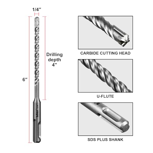 Image of SALI 10PCS 1 /4 inch*6 inch SDS Plus Rotary Hammer Drill Bit Concrete Drill Bit Kit Cross-Type Double Thread Carbide Material Suitable for Brick, Cement Walls, Stone, Hammer Drill Bits