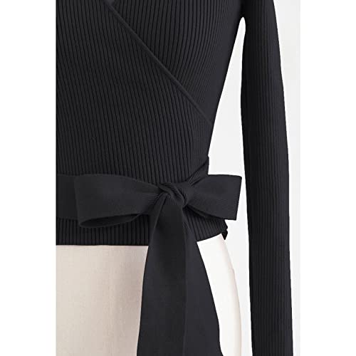 Image of CHICWISH Women's Black /Lilac V-Neck Tie-Waist Bowknot Wrap Knit Top