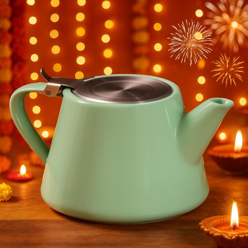 Image of Muse Teapot with Infuser | Ceramic Made with Stainless Steel Infuser | with Sleek and Modern Design Easy to Brew and Clean (Jade Green)